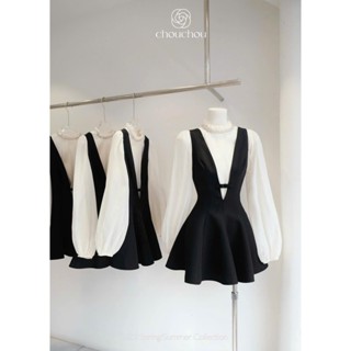 Set bộ đồ áo voan tay bồng cổ đính đá mix Yếm cổ V sang chảnh, Set bộ đồ áo  dài tay phối yếm cổ V sang trọng