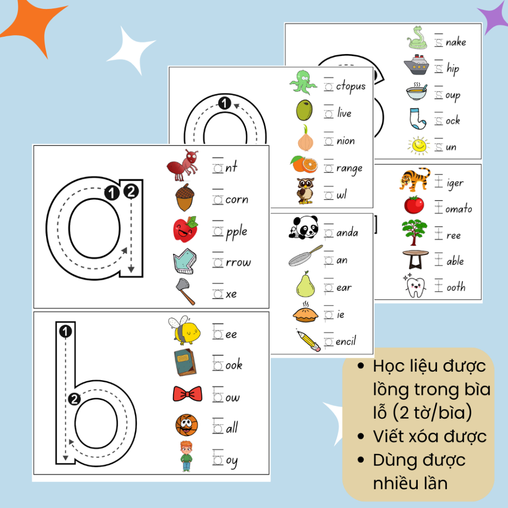 Bé học bảng chữ cái in thường Tiếng anh, tập viết chữ cái in thường (Bộ gồm 13 tờ)