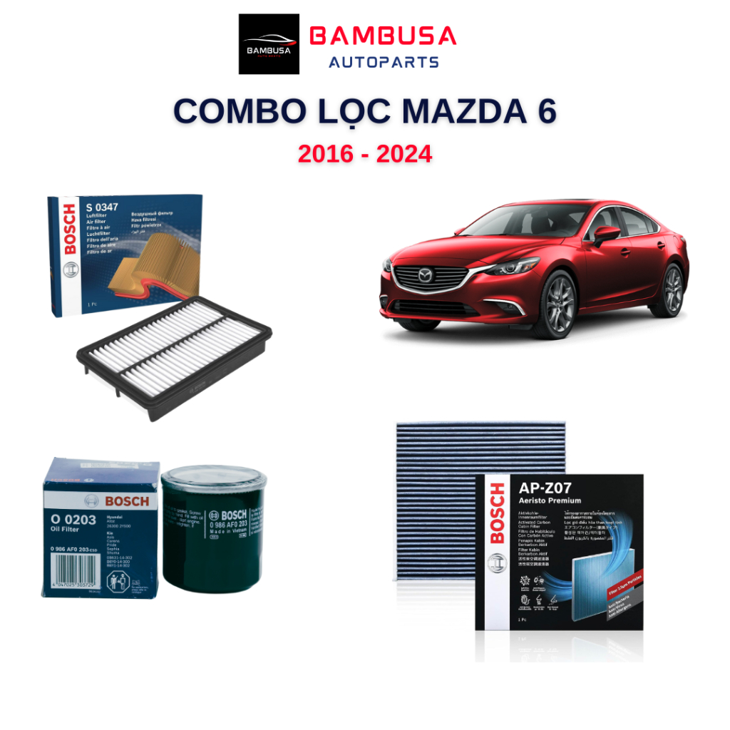 Lọc nhớt, lọc gió, lọc điều hòa Mazda 6 đời 2016-2024 Bosch chính hãng