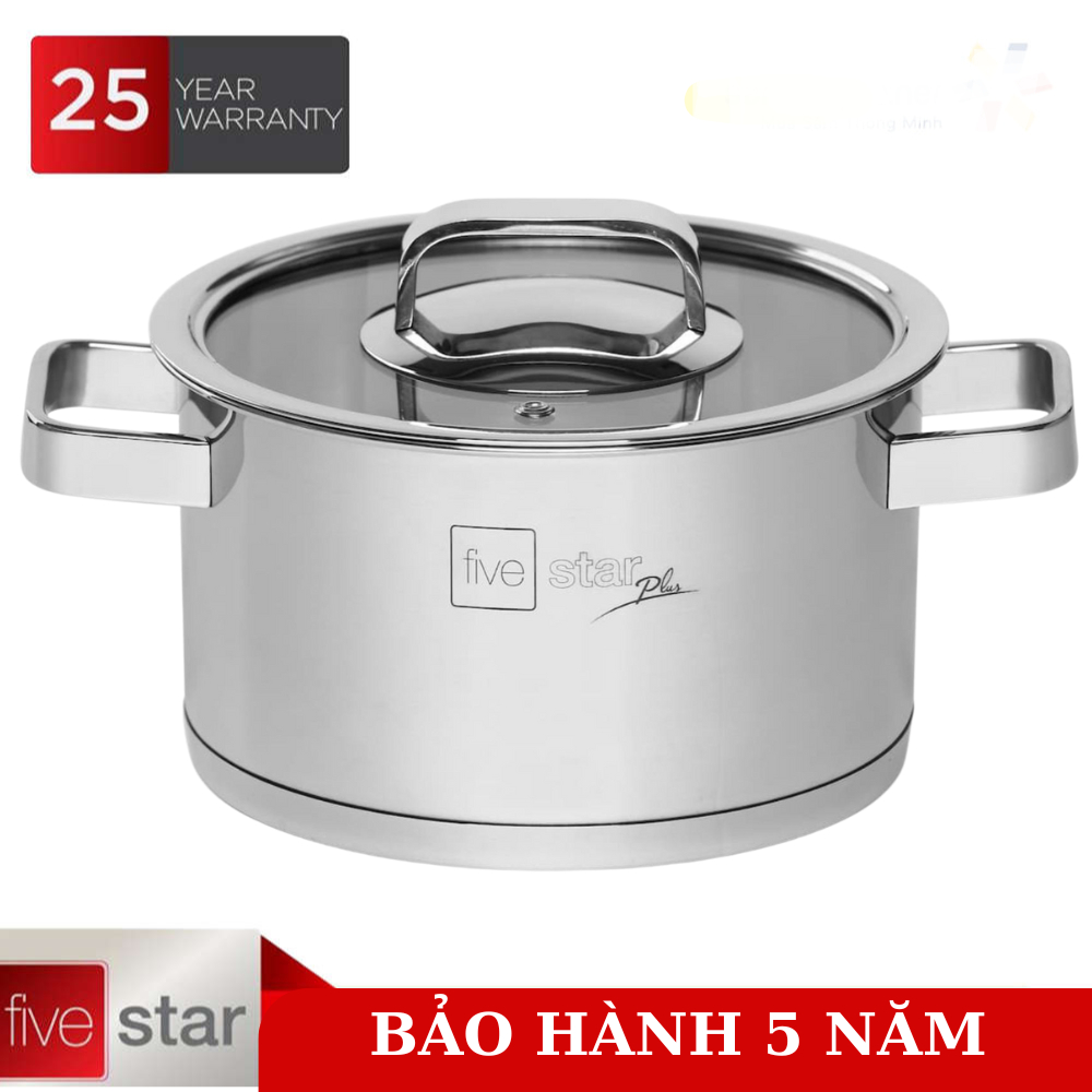 Nồi Inox 3 Đáy inox 304 Fivestar 16-18-20-24 cm quai vuông nắp kính CHÍNH HÃNG FIVESTAR