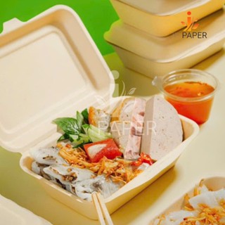  Set 50 Hộp Chữ Nhật Nắp Liền Bã Mía ImPaper 600ml - Hộp đựng Cơm Nắp Liền Tiện Lợi Đựng Xôi Ăn Vặt 