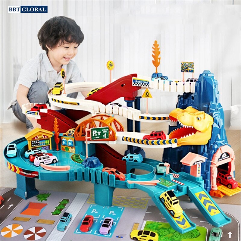 Đồ chơi mô hình đường đua kỳ thú đường hầm khủng long/Garage ô tô tự động 5 tầng BBT Global