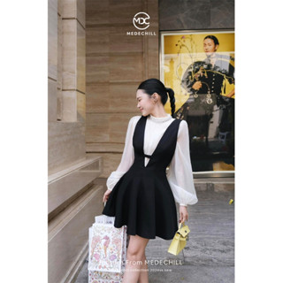Set Váy Xoè Basic Tiểu Thư MEDECHILL Áo Tơ Cổ Đá Tay Bồng Phối Váy Yếm Xoè Đính Nơ Siêu Xinh S831