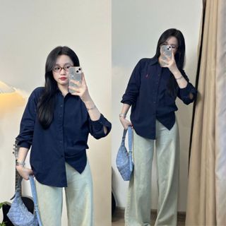 Áo sơ mi Joolate dài tay chất thô nhăn xanh than thêu ngựa đỏ basic  Sm564_P4K6