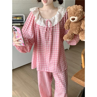 Bộ Đồ Ngủ Kẻ Caro Bộ Pijama Nữ Nơ Xinh Xắn, Áo Tay Dài Quần Dài Mặc Nhà - HN CLOSET
