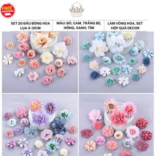 (Hoả Tốc ) Set 20 Đầu Bông Hoa Lụa Size 2-12cm Theo Tone Màu Trang Trí Hộp Quà, Bánh Kem, Giỏ Hoa Quả Decor