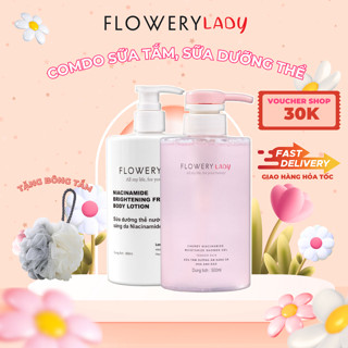 Combo sữa tắm sữa dưỡng thể dưỡng trắng da hương Hoa Anh Đào Flowery LADY Niacinamide 500ml