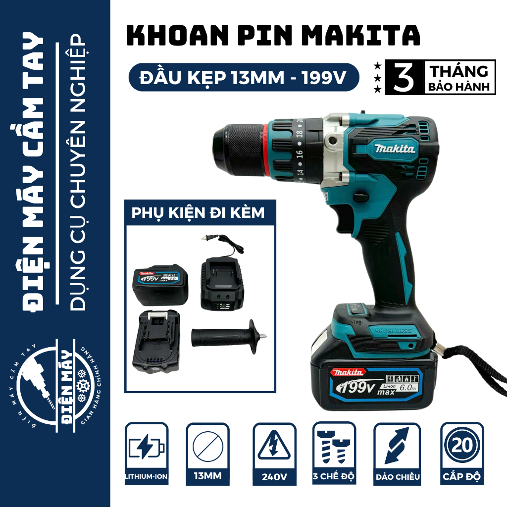  Khoan pin không chổi than Makita 199V Máy khoan bê tông 3 chức năng ruột dồng 100% bắn vít mạnh 