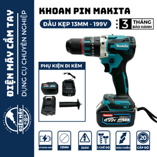 Khoan pin không chổi than Makita 199V, Máy khoan bê tông 3 chức năng ruột dồng 100% bắn vít mạnh