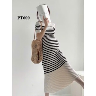 Đầm bầu len hè, váy bầu cổ tròn dáng ôm body chất liệu len Montoghi mềm nhẹ và co giãn tốt-PT600
