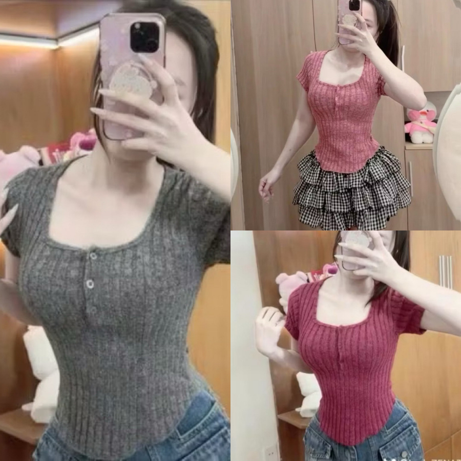 Áo thun cổ vuông gài nút cam đen xám đỏ đô xinh xinh VANISA CT159