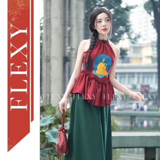 Áo yếm NHÃ TỊNH đỏ đô chụp sen cùng chân váy hoặc quần - chất liệu đũi - FLEXY thiết kế