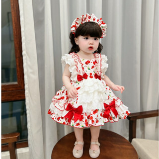 Váy Lolita Cánh Tiên Cherry Phối Ren Kèm Cài Và Chip 4-19 Kg Chất Thô Cotton ,Váy Cho Bé Gái Đầy Tháng Sinh Nhật Dự Tiệc