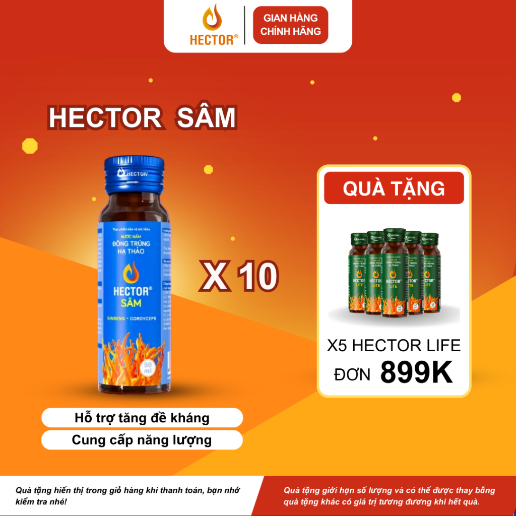 Hộp 10 chai nước Đông trùng hạ thảo Hector Sâm, tăng cường sức khỏe, giải rượu