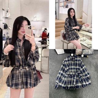  Set Áo Sơmi Mix Chân Váy Bí Xoè Kẻ Caro Xanh Linh Hoàng Kèm Dây Đai Chất Thô Mềm-Dành cho Nữ diện đi chơi,đi date 