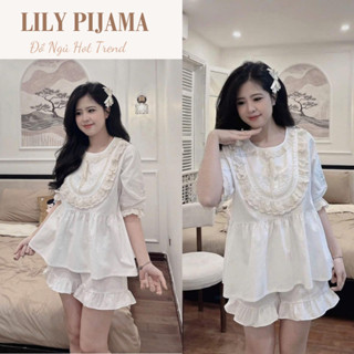 Bộ pijama nữ mặc nhà tay lỡ quần đùi vải cotton cao cấp Lily, set đồ ngủ cố phối ren bèo dễ thương tiểu thư HCOM25251