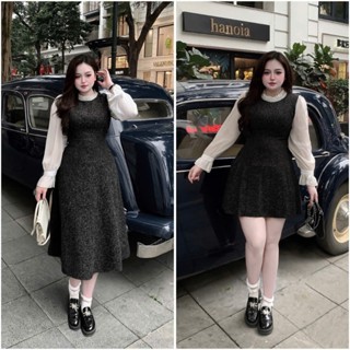 Váy dạ cổ viền dây ngọc phối tay tơ bigsize mã V115