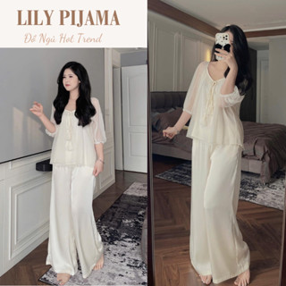 Bộ ngủ cotton nữ cao cấp dài tay vải lụa phối voan tay Lily, đồ mặc nhà nữ phong cách tiểu thư sang trọng HCOM25259