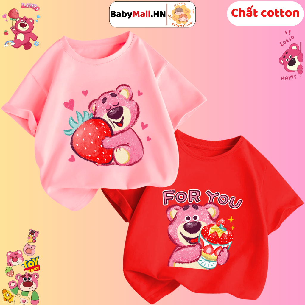 Áo phông cộc tay hình Gấu Dâu Lotso cho bé gái BABYMALL áo thun cho bé chất cotton mềm thoáng mát