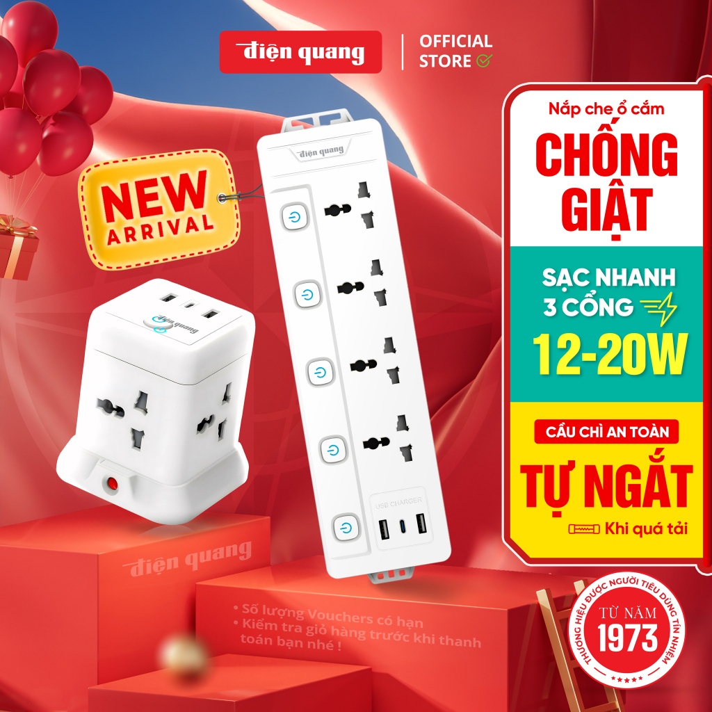 [Sản phẩm mới] Ổ Cắm Điện Đa Năng Điện Quang TypeC USB Ổ Vuông Dẹt Chịu Tải Công Suất 2500W