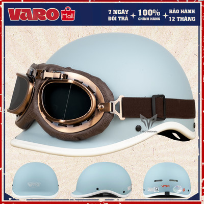 Combo Mũ Bảo Hiểm Nửa Đầu VARO Dáng Cá Heo Phong Cách Nhật Bản XÁM XANH Kèm Kính Phi Công Freesize
