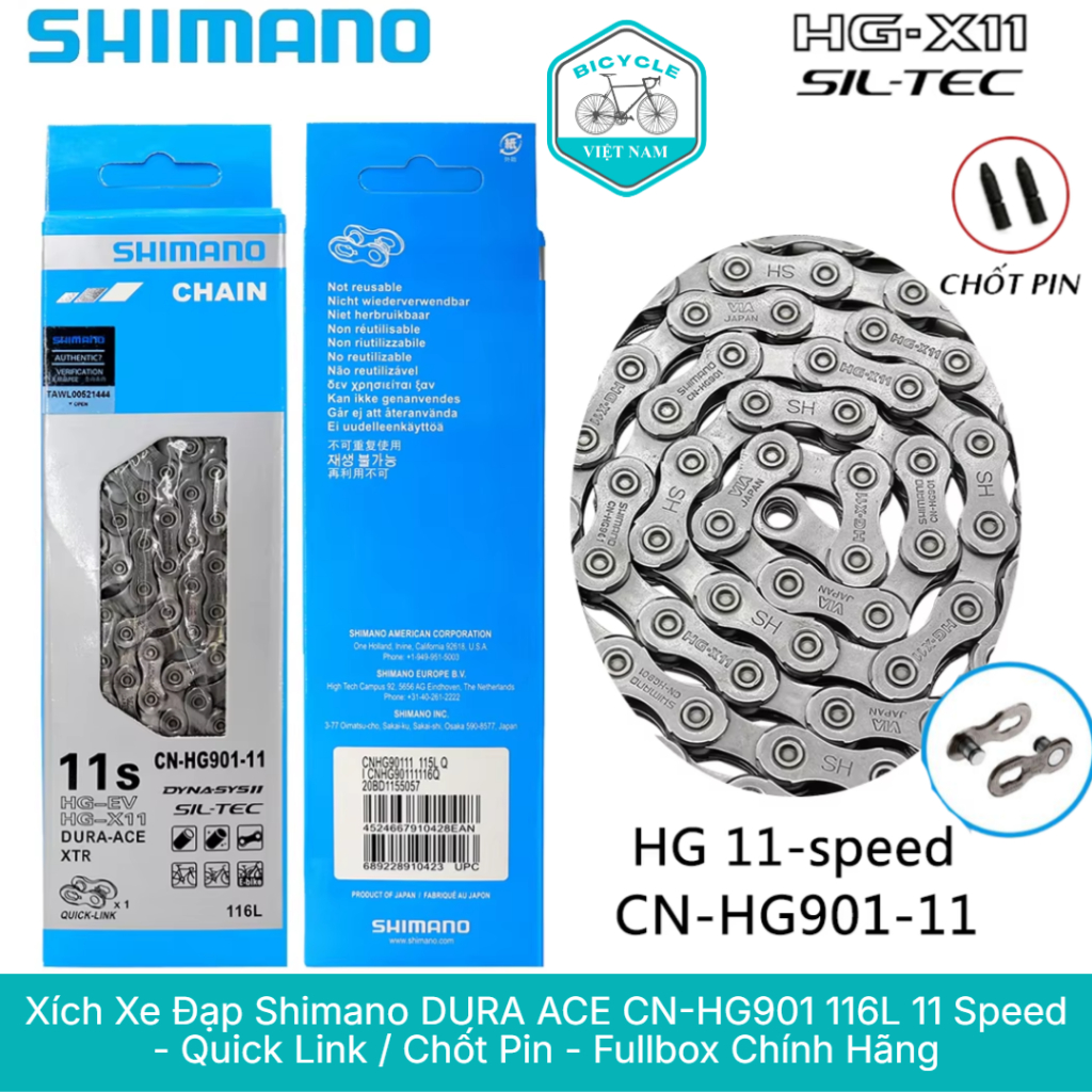 Xích Sên Xe Đạp SHIMANO DURA ACE CN HG901 – 11 Speed, Quick Link / Chốt Pin (Fullbox) Chính Hãng