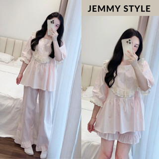 Đồ bộ nữ tay ngắn, set đồ nữ pyjama dáng babydoll cổ phối ren màu hồng phấn dễ thương HCOM25122