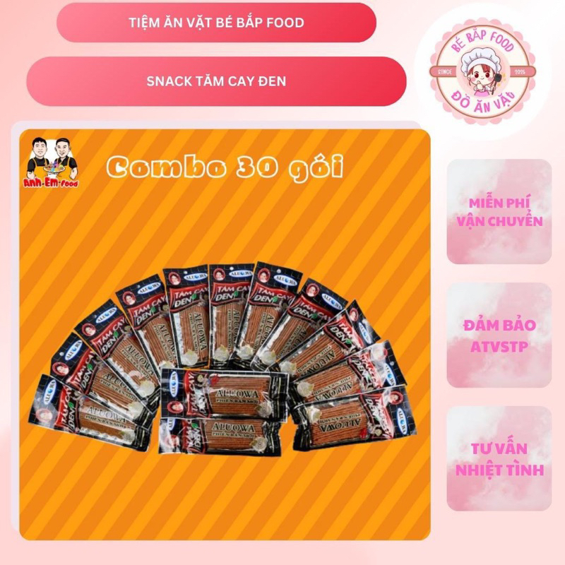 Bịch 30 Gói Tăm cay đen ALUOWA, Bim Bim Que Cay, Đồ Ăn Vặt Cay Tiệm ăn vặt Bé Bắp Food Snack