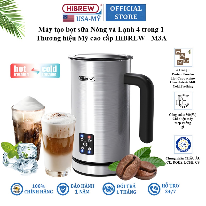 Máy đánh sữa tạo bọt Nóng và Lạnh 4 trong 1 HiBREW M3A công suất 500W - BH 1 NĂM