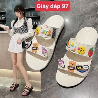 Dép nữ 2 quai ngang thời trang girl phố nâng đế 3cm quai gắn charm sticker dép cross crocs đi mưa ulzzang-giày dép 97