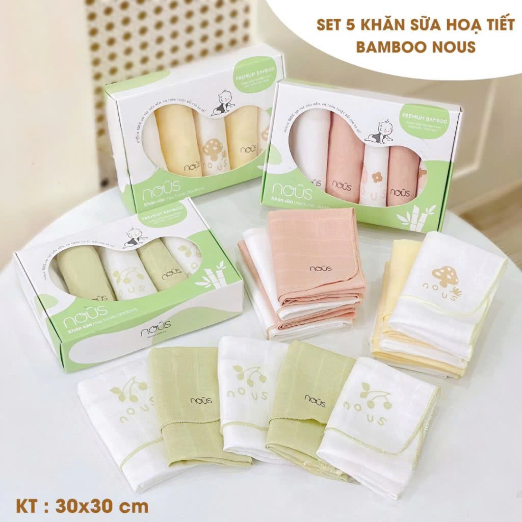 Nous- Sét khăn sữa 5 chiếc vải nous Bamboo, nous Xô, Nous Mulsin cao cấp m