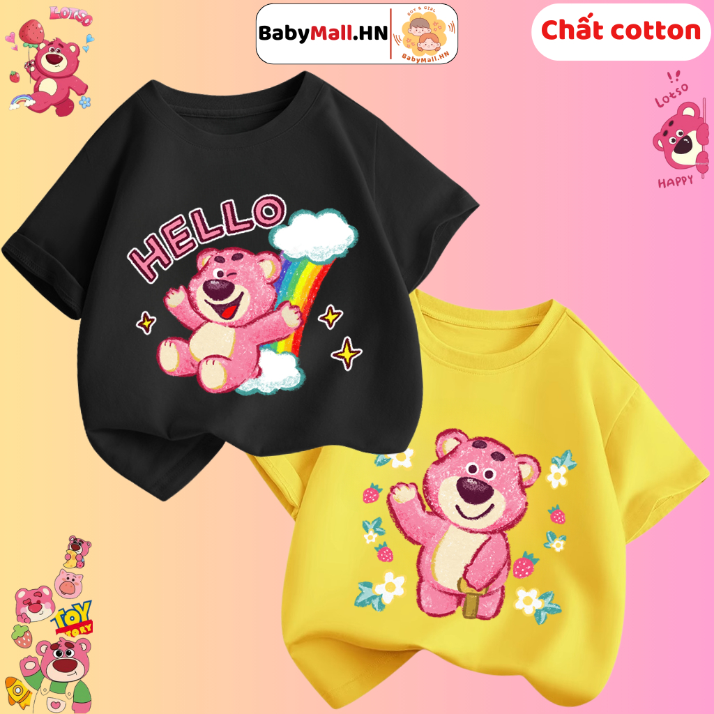 Áo thun hình Gấu Dâu Lotso cho bé gái BABYMALL áo phông cộc tay cho bé chất cotton mềm thoáng mát
