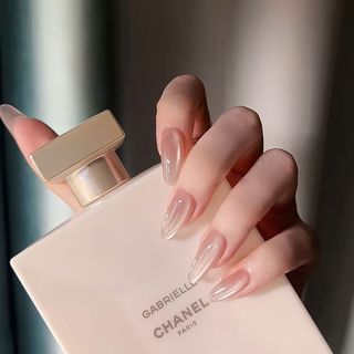 Trùm nail giả, Mã 06 bộ móng tay giả thiết kế mắt mèo trắng nhẹ nhàng kiểu nhọn, nail box mắt mèo nhọn bộ 30 móng