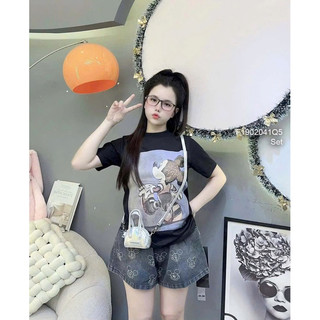 Set bộ áo thun in hình chuột kèm quần short jean sang trọng VIENS STORE