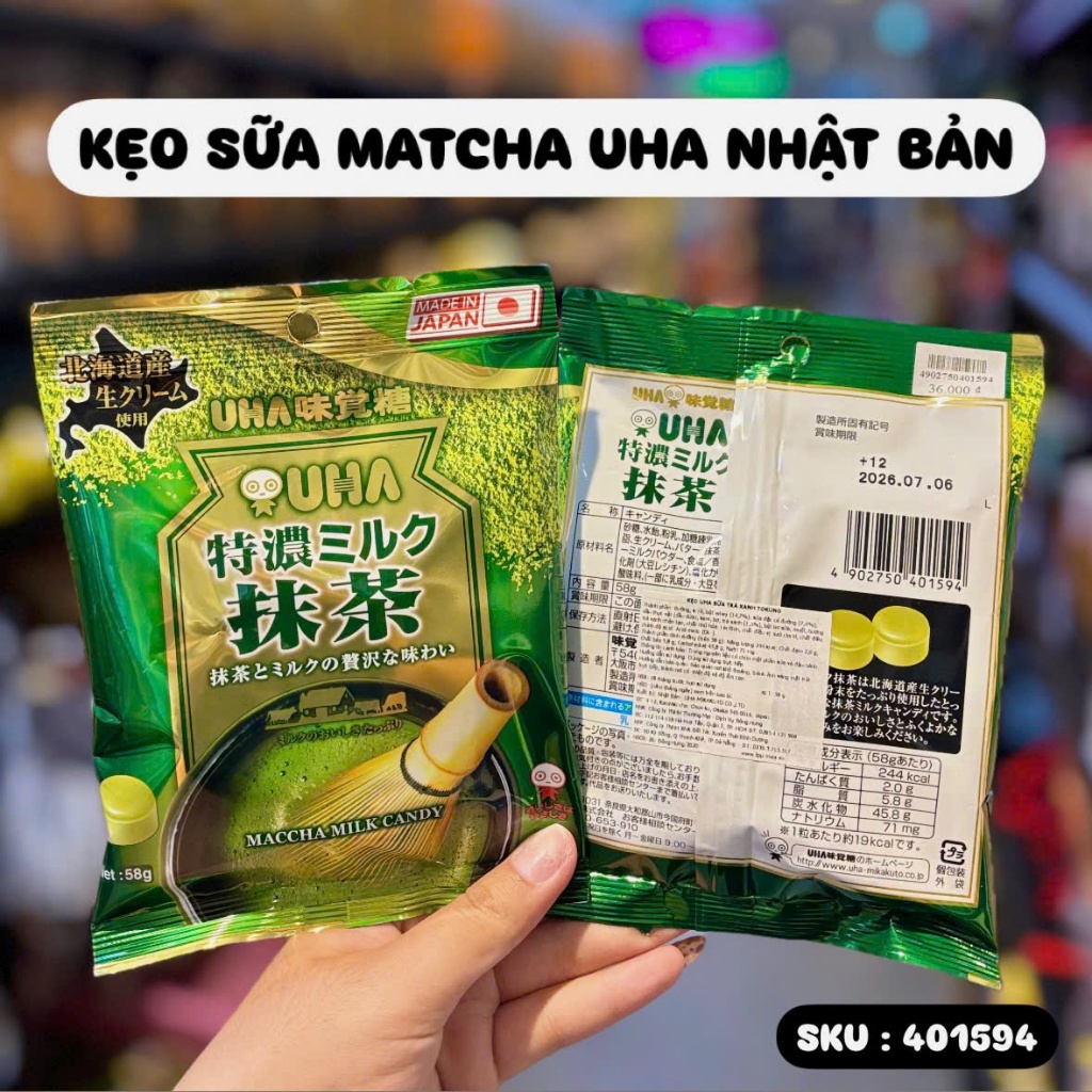 Kẹo Sữa Matcha UHA Nhật Bản 58g