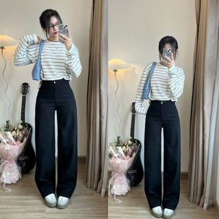 Quần bò jean ống rộng nhẹ màu đen phong cách, chất mềm dày dặn unisex Maia