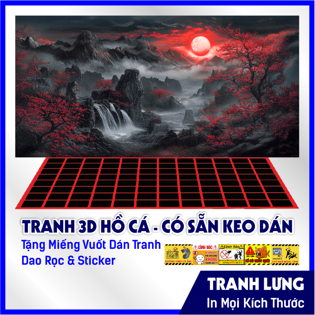 Tranh dán hồ cá 3d Decal có sẵn keo, Tranh Dán Bể Cá Thủy Sinh, Bể Cá Rồng - Thủy Mặc tone đỏ và đen