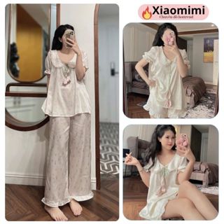 Đồ ngủ nữ pijama cộc tay mùa hè cổ sen viền ren họa tiết thỏ, đồ bộ nữ chất lụa mềm mát sang chảnh HCOM25230 Xiaomimi