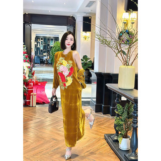 Váy Nhung The Vàng Nâu Sát Nách Thêu Hoa Bản To Thuỳ Ngô Thanh Store
