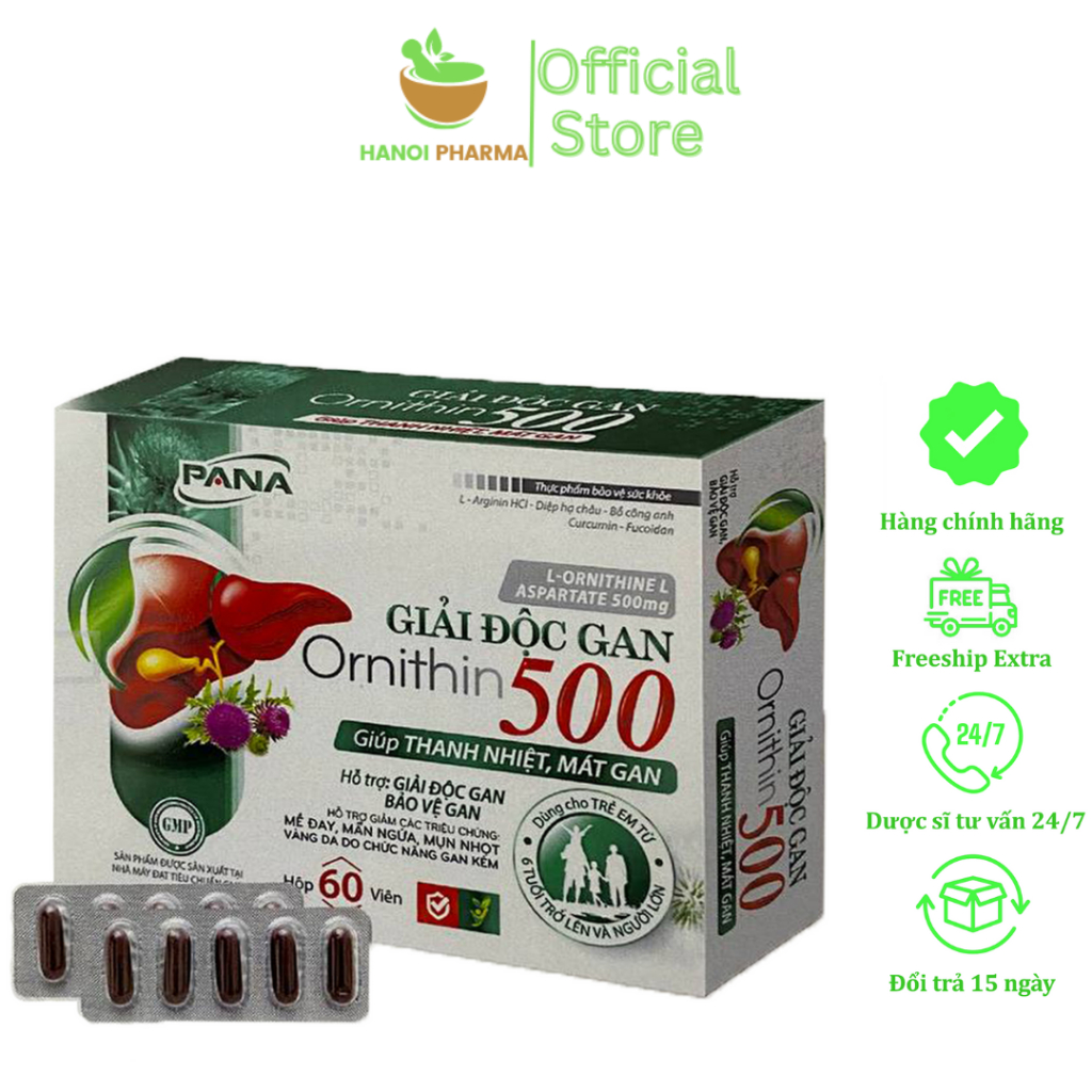 Viên uống thải độc mát gan Ornithin 500 hỗ trợ giảm mụn nhọt nóng trong thanh nhiệt hộp 60 viên
