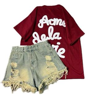 Sét đồ nữ đồ bộ nữ áo thun cổ tròn in chữ DELA nổi phối quần bò 4 khuy sét đồ mặc xinh xỉu mẫu mới top bộ hot 