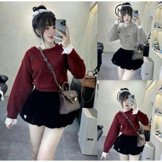  Sét váy nữ tiểu thư cách điệu sét áo tăm tiu tay dài phối ren đính nơ nhí from ngắn mix chân váy ngắn nhung bí tùng xoè 