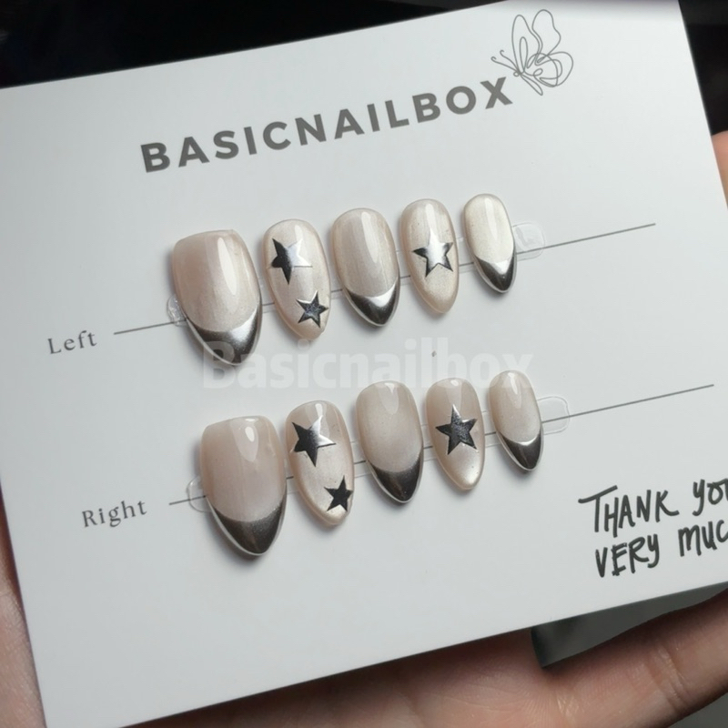 (HỎA TỐC)  nailbox mắt mèo phối french tráng gương bạc B48