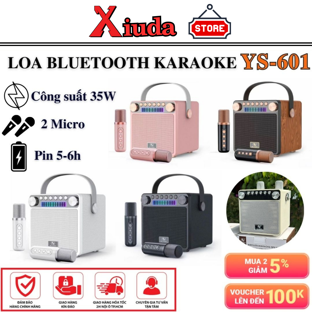 Loa Bluetooth Karaoke YS-601 - Kèm 2 Micro Không Dây, Hát Hút Âm Siêu Hay, Pin Trâu Lên Đến 6 Giờ