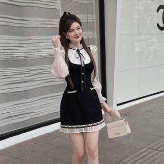 Đầm Tiểu Thư Cổ Bèo Đính Nơ Tay Dài Bồng Xinh Xắn Phối Hàng Cúc Sang Chảnh Tone Màu Đen Style Basic Dễ Thương