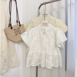 Áo babydoll nữ A.722, Áo cổ tàu tay ngắn dáng babydoll phối ren hoa cổ thắt nơ xinh xắn - Shop Chấm Bi