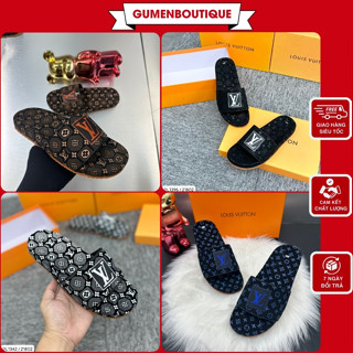 Dép Quai Ngang Nam LV In Logo Mix Dập Vân Nổi Cực Nét - Dép Lê Nam LV In Vân Ba Màu Mẫu Hot Hit