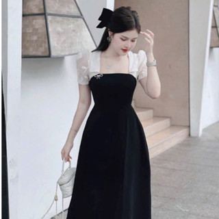 Váy Nữ Thiết Kế Cổ Vuông Cúp Ngực Tay Bồng Phối Ren Hoa Chiết Eo Midi Dáng Xòe Sang Chảnh Dự Tiệc