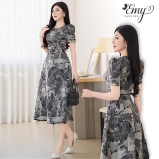 Đầm Thiết Kế EMY Thời Trang Cao Cấp Trung Niên EM7625 Đầm Xòe Vải Gấm Tafta, Nền Đen Vân Xám Sang Chảnh Đi Tiệc