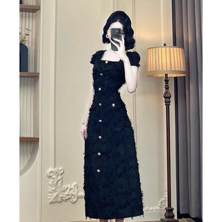 Đầm Váy Dạ Phối Lông Vũ Cổ Vuông Tay Bồng Midi Dáng Dài Tone Màu Đen, Hồng Pastel Basic Nàng Thơ Siêu Hot Hit Dự Tiệc